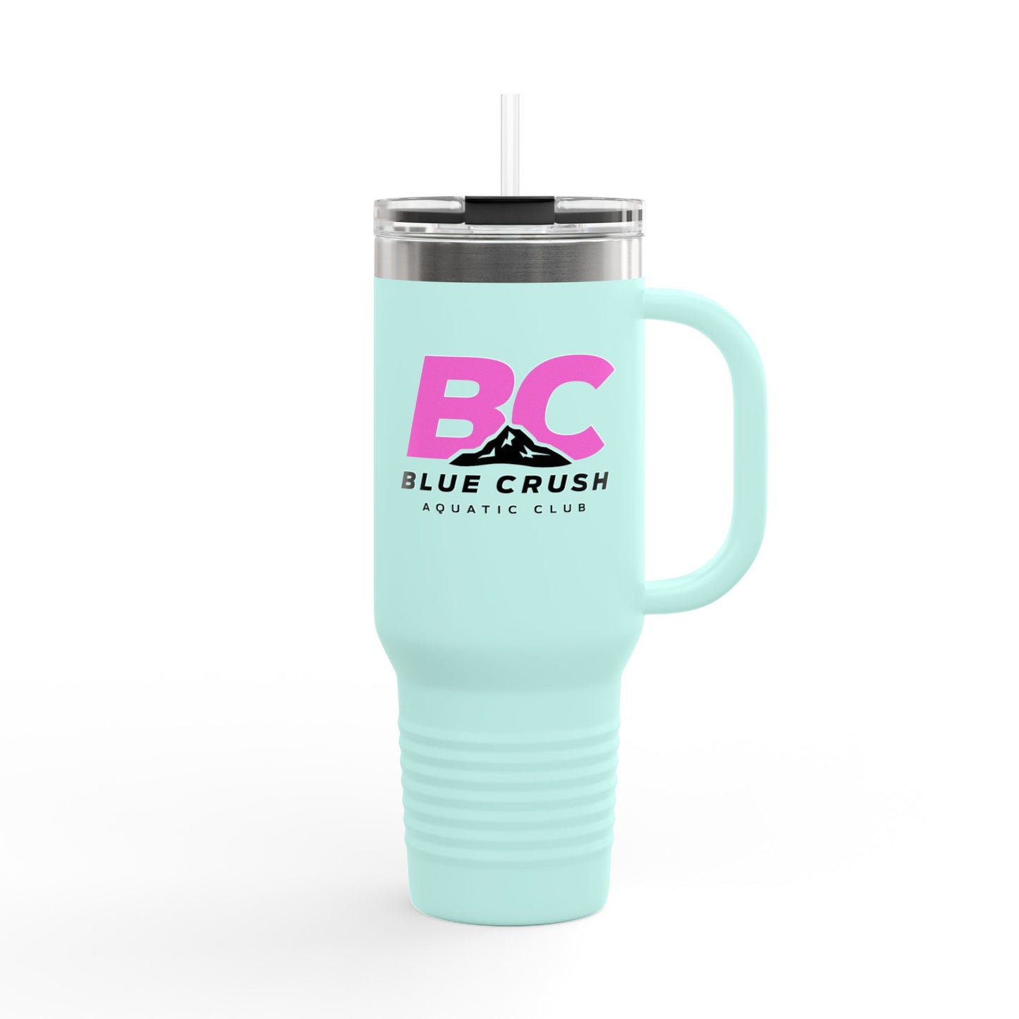 Blue Crush - 40oz Insulated Travel Mug - Pink logo